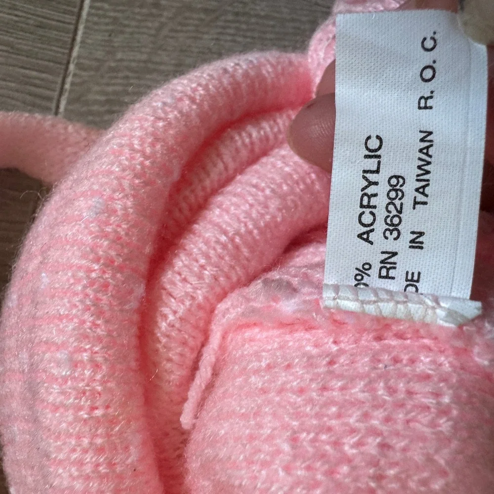 Vintage Pink Fair Isle Knit Baby Hat and String Mitten Set Pom Pom Ear Flaps